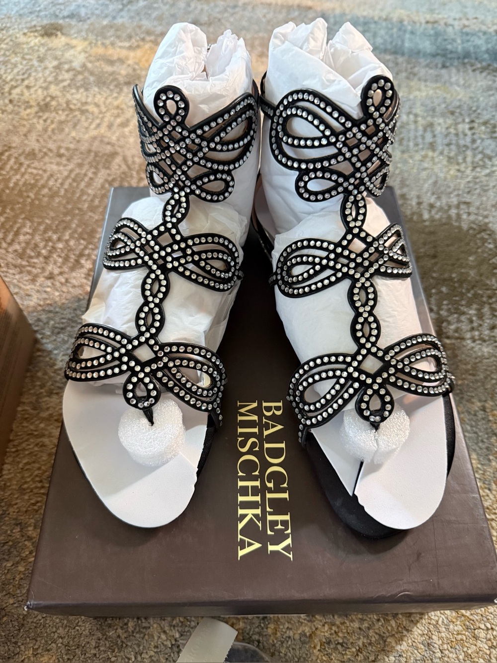 Badgley Mischka Black & White Embellished Strappy Sandals